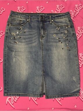 EUC Esqualo Beaded Embroidery Bead Bling Rhinestone Knee Denim Jean Pocket Skirt
